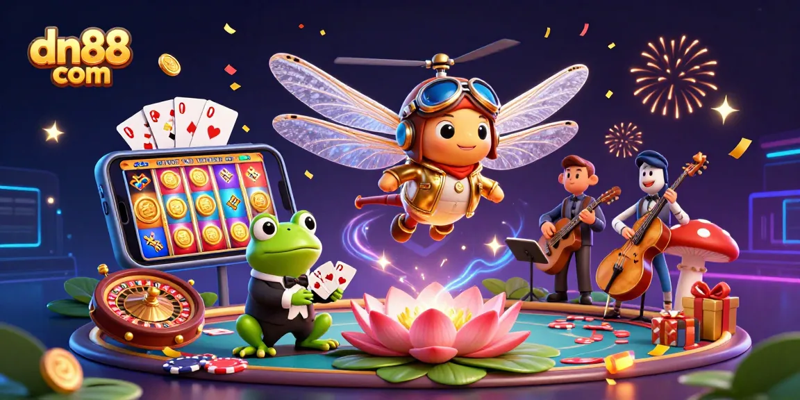 Experience thrilling gaming at dn88 com with a vibrant casino scene featuring a dragonfly pilot, frog croupier, and festive casino elements.