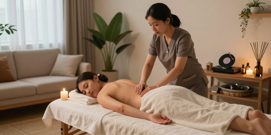Relaxing 출장안마 session at home with a therapist, soft lighting, and calming atmosphere