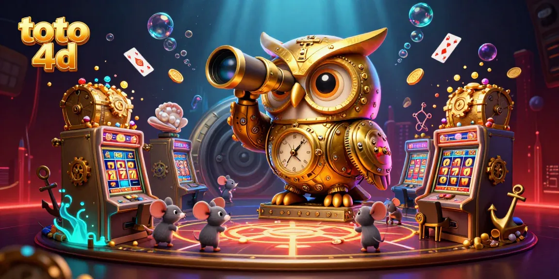 Experience the thrill of toto 4d as a giant golden owl oversees vibrant slot machines and frolicking mice in this dynamic casino scene.