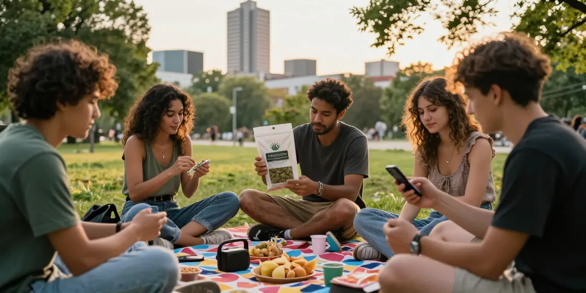 Where Can I Find Top Shelf Weed In Stuttgart? Friends enjoying premium cannabis outdoors in Stuttgart, vibrant park setting, community atmosphere.