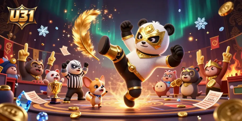U31 online casino showcases a thrilling gaming atmosphere with a panda wrestler and lively spectators enjoying the action.