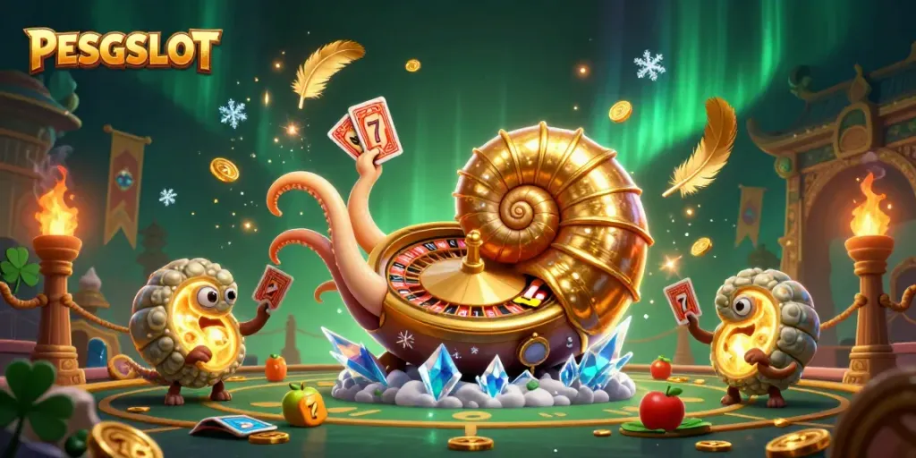 Gambarkan PESGSLOT dalam ilustrasi 3D yang kaya dengan simbol slot, giok, dan nuansa kasino.
