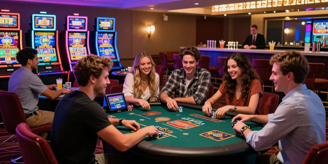 Scène de jeu animée de Casino en ligne avec des amis profitant des jeux de table et des machines à sous dans une ambiance vibrante.