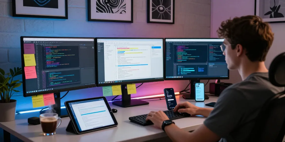 Dynamic workspace with developer showcasing teiegramin.com analytics, highlights innovative software design.