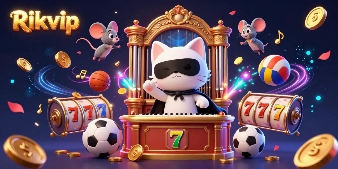 Engage with the exciting world of Rikvip through this vibrant gambling-themed illustration showcasing dynamic casino elements.