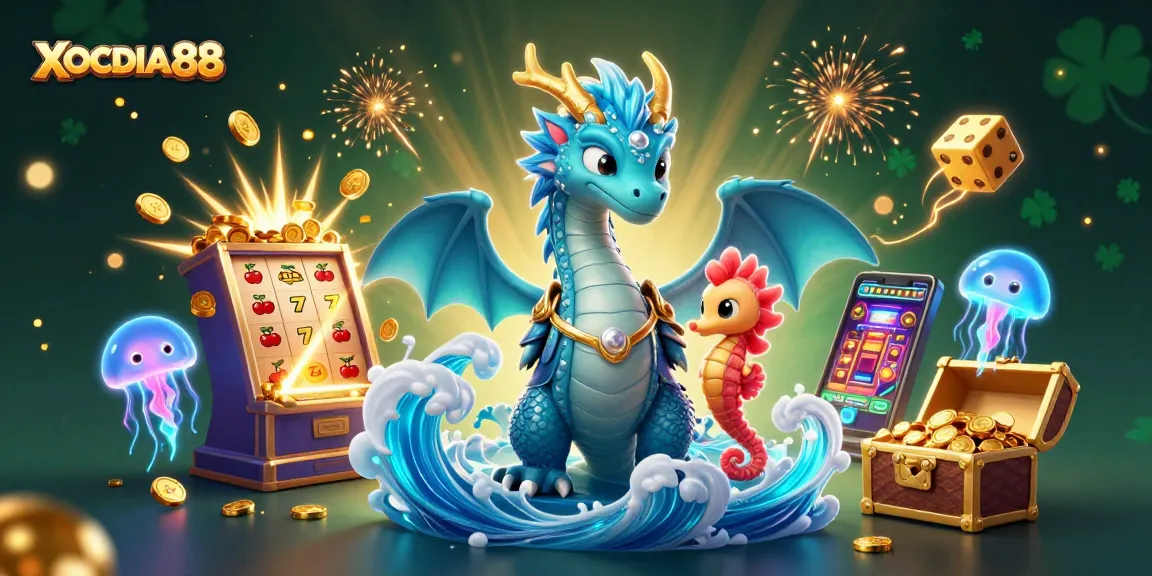 Experience thrilling gaming action at XOCDIA88 with vibrant 3D elements and dynamic dragon characters.