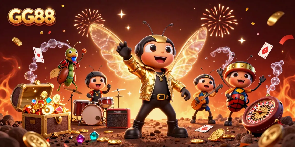 Engage with GG88's dynamic casino adventure featuring rock star characters, slot reels, and vibrant casino elements.