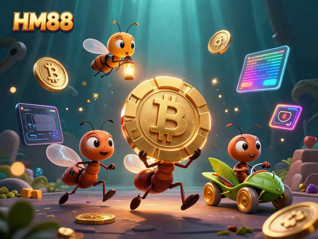 Experience thrilling gameplay with HM88 as animated ants execute a heist in a vibrant casino scene.