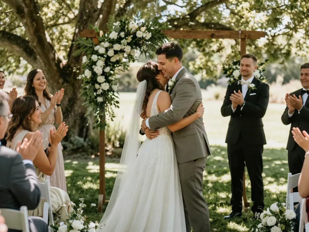 Genuine moment captured by a Dunedin wedding photographer, showcasing a loving couple embracing during their outdoor wedding ceremony.