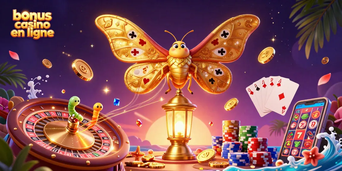 Bonus casino en ligne : admiration d'une scène dynamique avec un papillon et des éléments de jeux de casino.