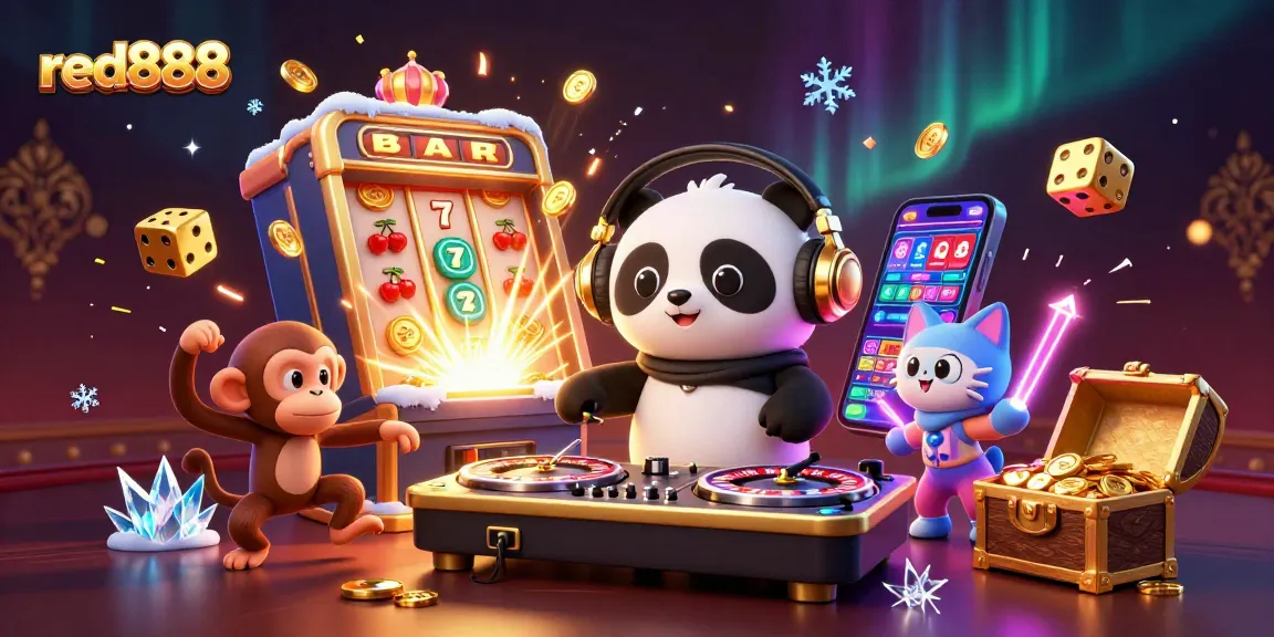Experience the excitement of red888 with a dynamic 3D casino scene featuring a DJ panda and fun characters.
