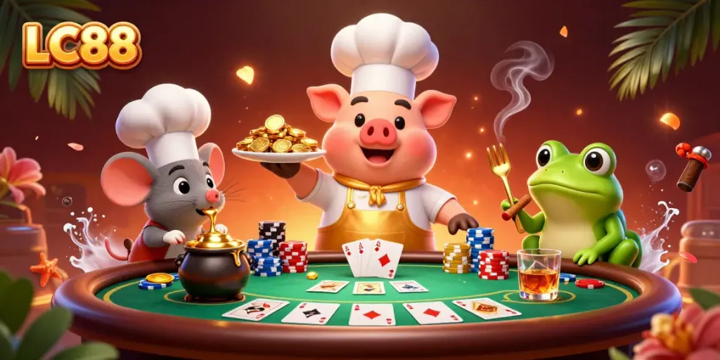 Experience gaming thrills at LC88 with this vibrant 3D casino scene featuring gourmet gold coins and poker excitement.