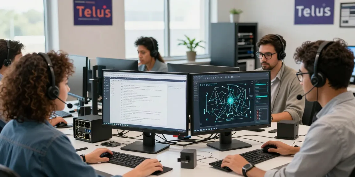 Team members providing Telus-Technical-Support in a bright tech support center, fostering an efficient and collaborative environment.