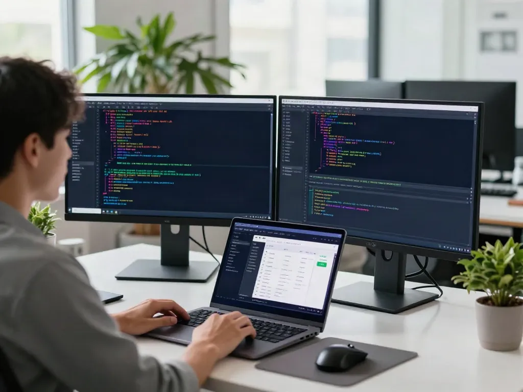 v2rayN官网 software development workspace with dual monitors and modern coding tools