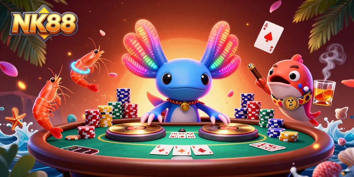 NK88 offers an engaging underwater casino scene with vibrant characters and poker elements.