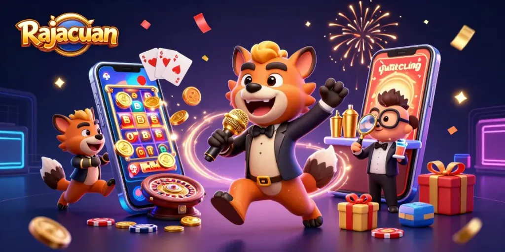 Engage with Rajacuan's vibrant casino culture featuring hyenas, slot games, and rich casino elements.