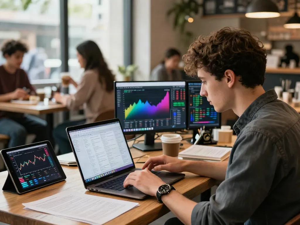 Crypto historical data API in action, as a user analyzes Bitcoin and Ethereum price trends on a laptop in a lively coffee shop.