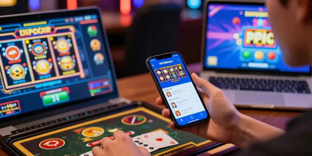 Engaging scene of a user playing MPO88ASIA casino games on a smartphone and laptop, showcasing an exciting online gaming environment.