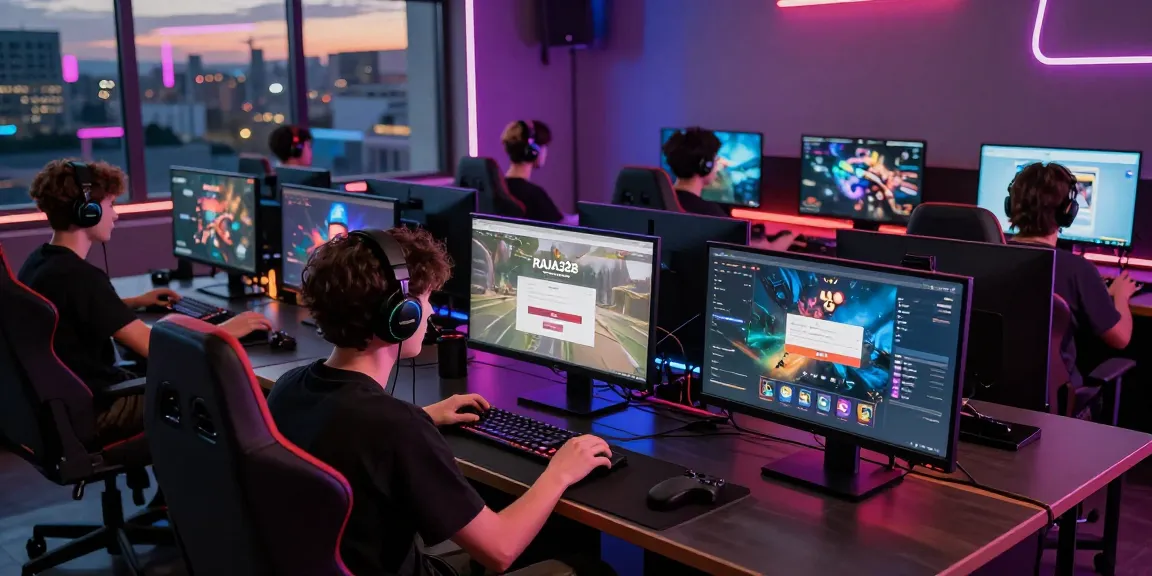 Engaged gamers discussing RAJA328 link in a lively gaming room setting
