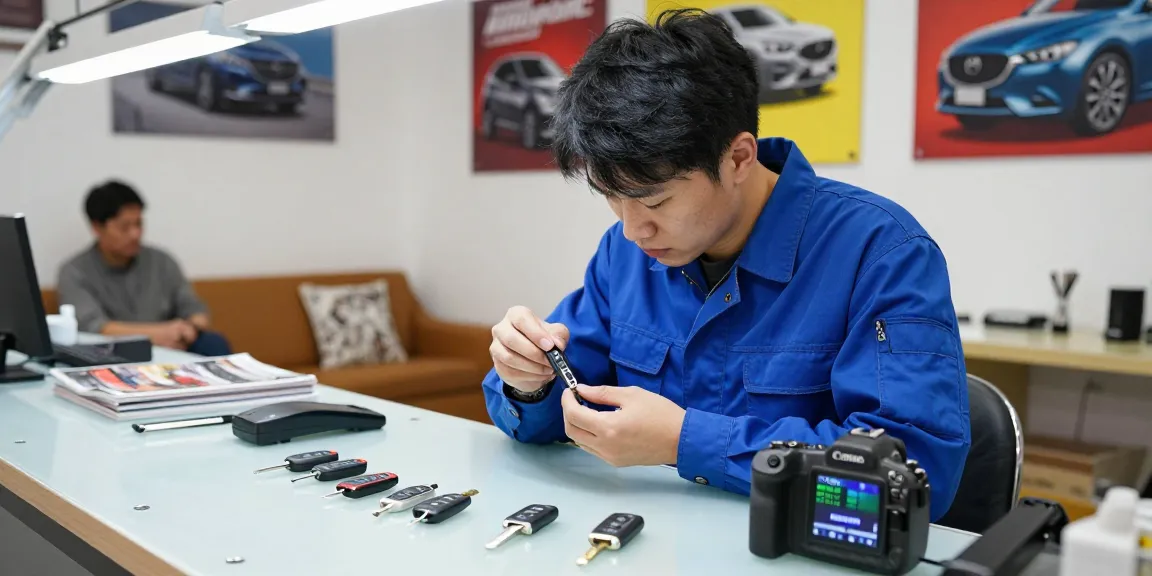 Expert technician programming a Mazda key in a modern workshop.