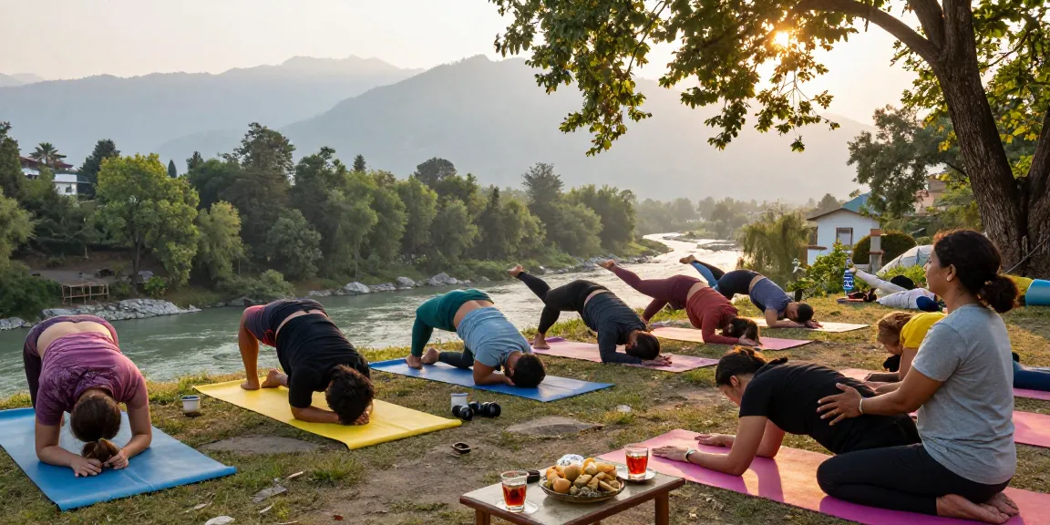 Experience a serene yoga retreat in Rishikesh with diverse individuals practicing yoga amid stunning Himalayan scenery.