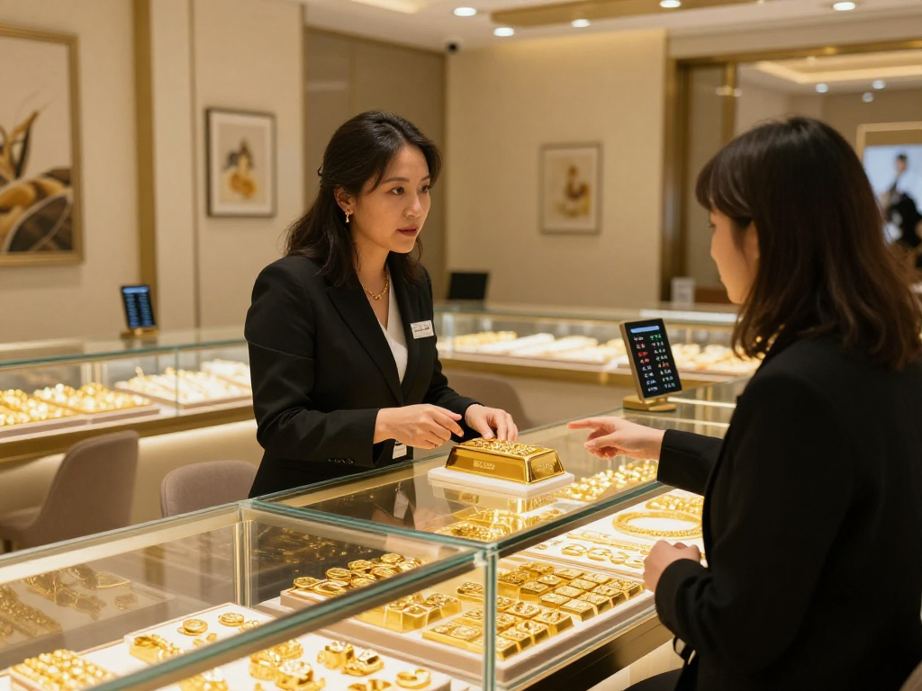 mantra 88 featured in a luxurious gold jewelry showroom with gold items and pricing.