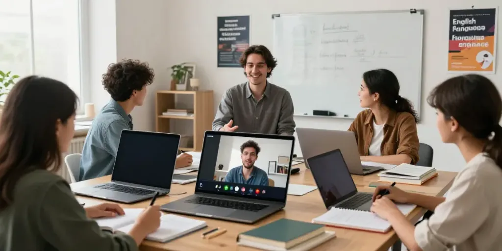 Students engaged in a virtual English language course, showcasing the interactive learning experience with diverse participants.