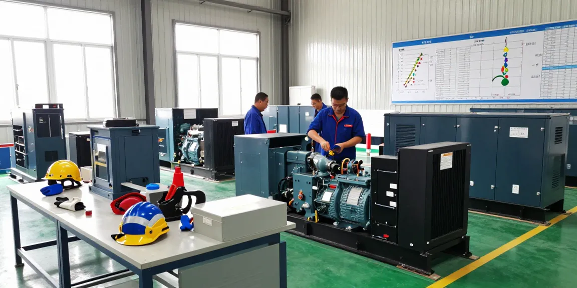Industrial generator solutions assembly in a modern facility showcasing teamwork and innovation.