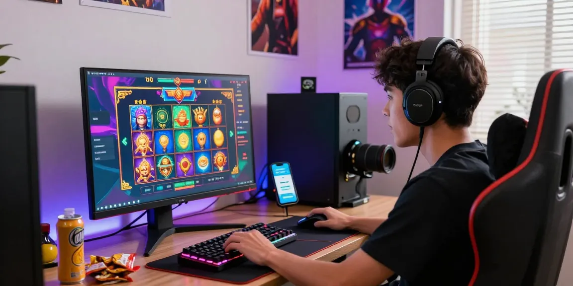 Engaged player enjoying a slot game with deposit pulsa tanpa potongan options, showcasing gaming setup and vibrant atmosphere.