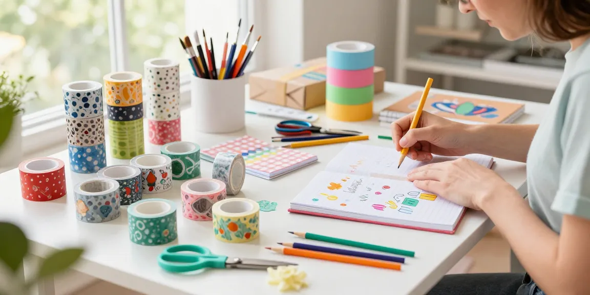 Creative workspace with custom washi tape rolls and artist designing colorful stationery.