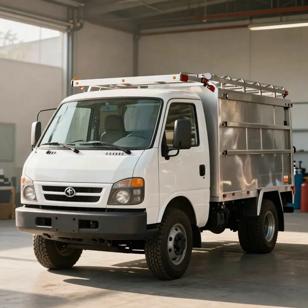 Low hero view of a utility truck in a bright service bay, loaded and ready for the first job.