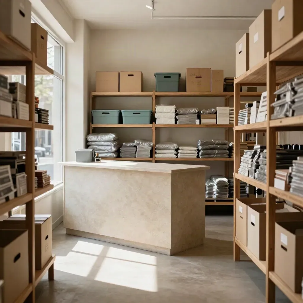 Warm retail studio with new shelving, wrapped crates, and a clean counter at opening time.