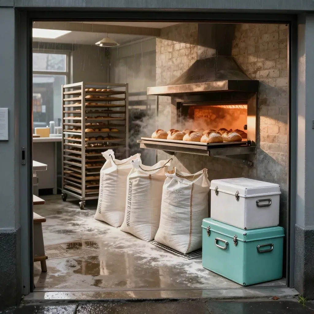 Moody bakery launch bay with open deck oven, proofing trays, crates, steam and rain-soaked concrete.