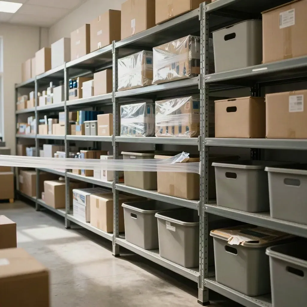 Stockroom aisle packed with reserve totes and sealed cartons in cool daylight.