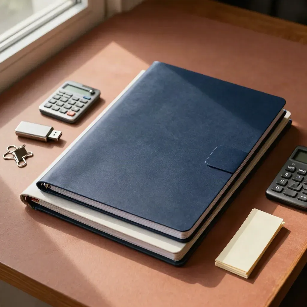 Overhead loan-prep folders, tabs, calculator, USB drive and clips on a terracotta work surface.
