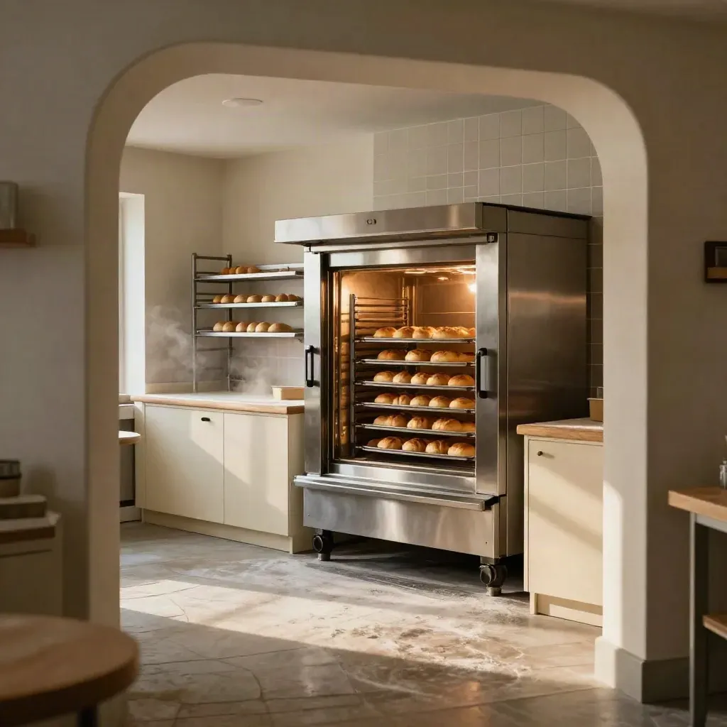 Moody bakery interior with a new oven, cooling racks, and golden loaves in warm side light.