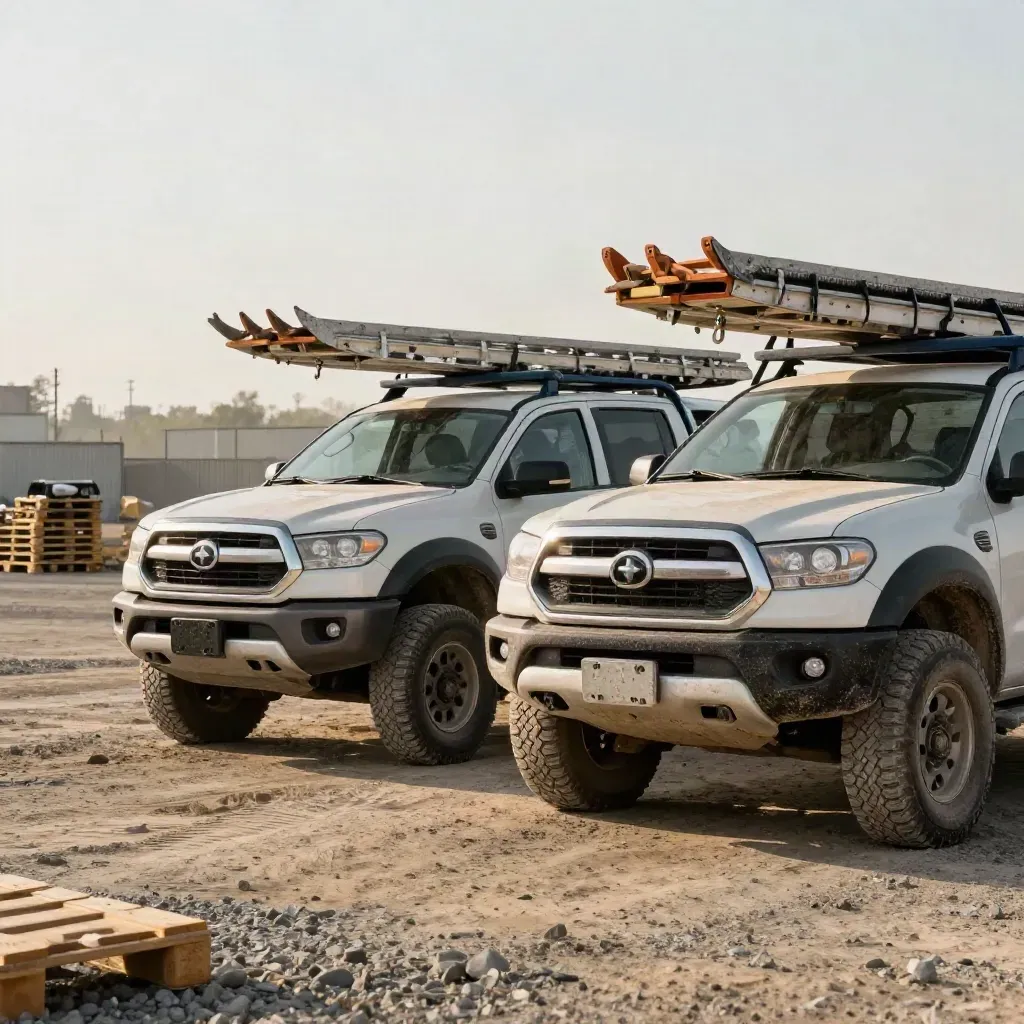 Two contractor trucks with ladder racks and fresh tires parked in a gravel yard at dawn