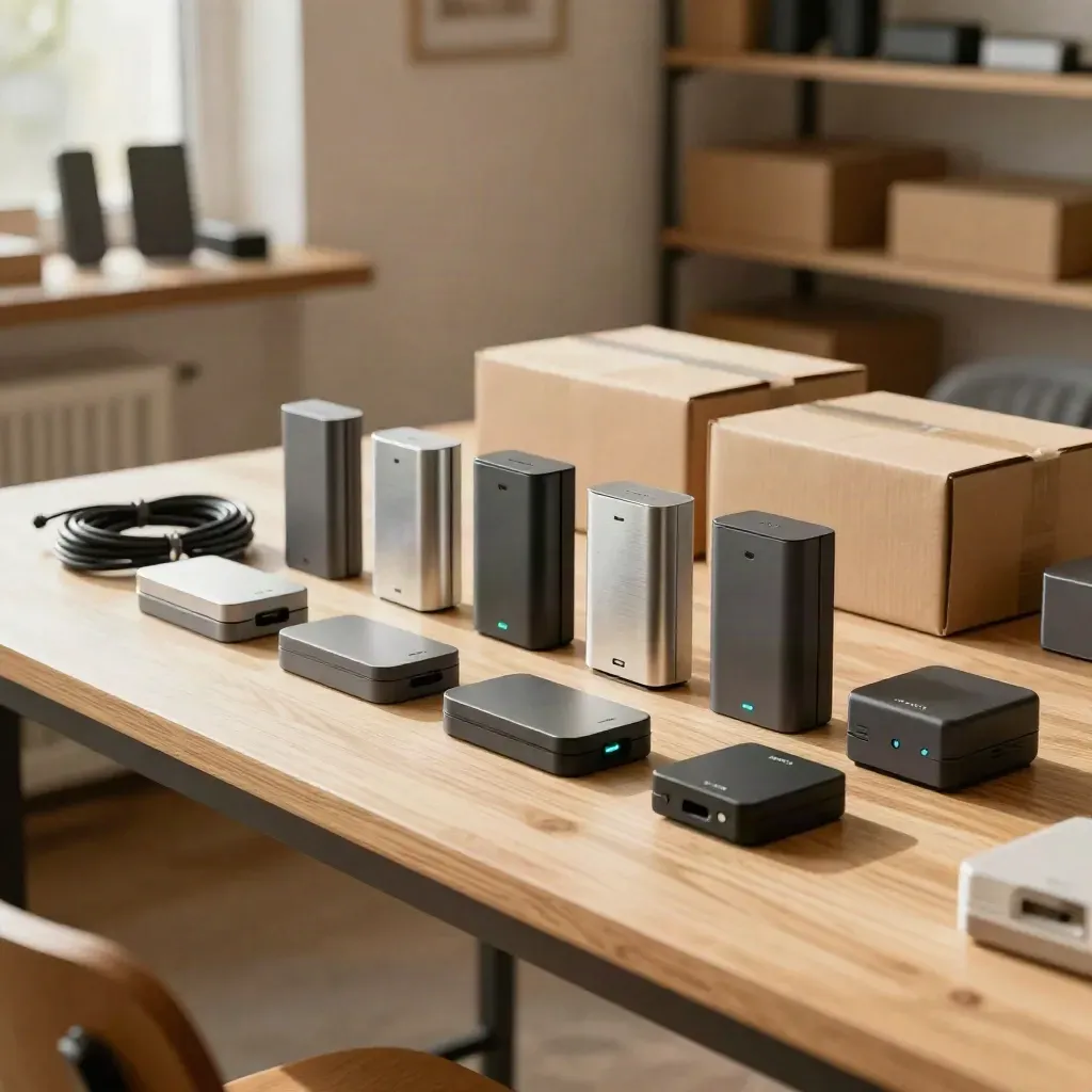 Startup prototype devices, battery packs and shipping boxes on a sunlit workbench