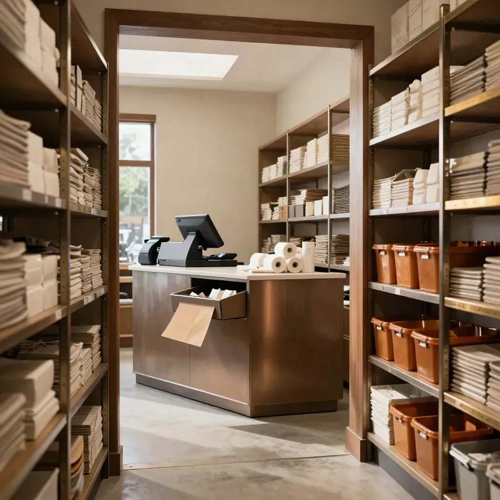 Freshly reset retail stockroom with stocked shelves and clean register zone