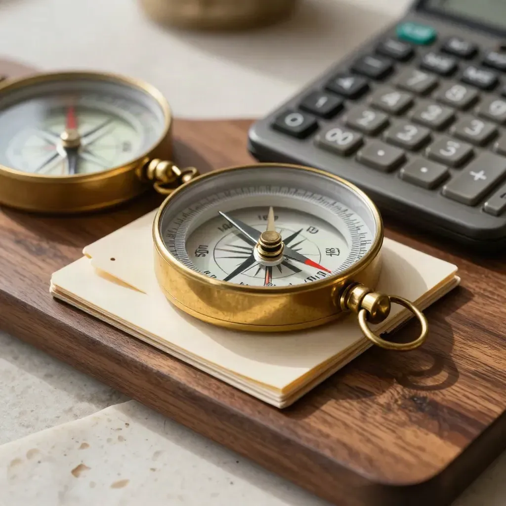 Brass compass, calculator and file tabs on dark walnut in a macro funding workspace.