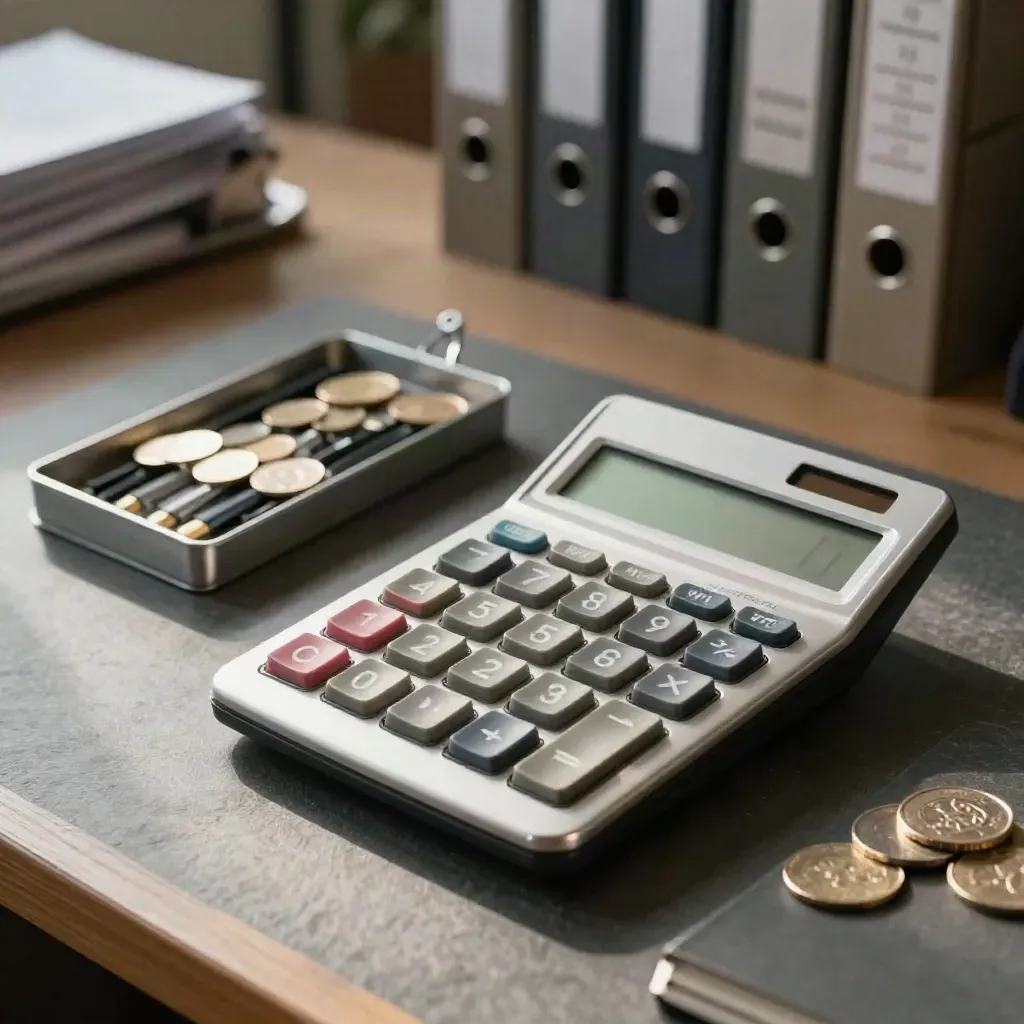 Silver calculator, metal clip stack, and coin tray on a slate finance bench.