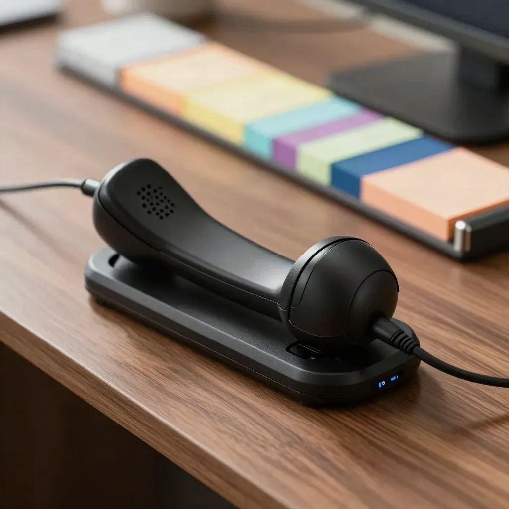Headset on cradle beside handset and sticky tabs on a walnut client desk.