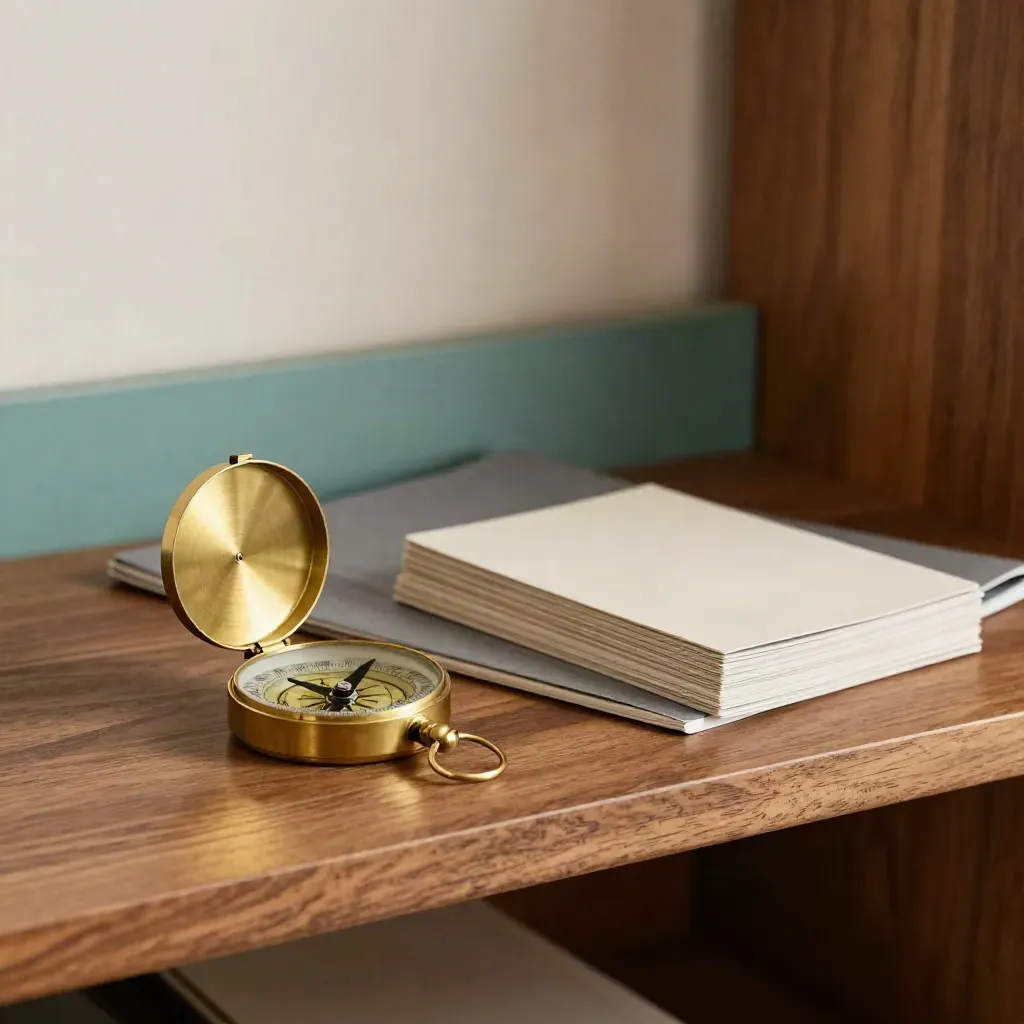 Brass compass, two closed folders and a face-down card stack on a walnut shelf.