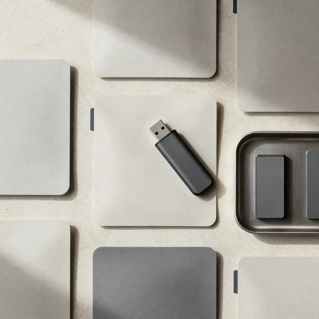 Overhead flatlay of document sleeves, USB drive, color tabs, and upload tray on pale concrete.