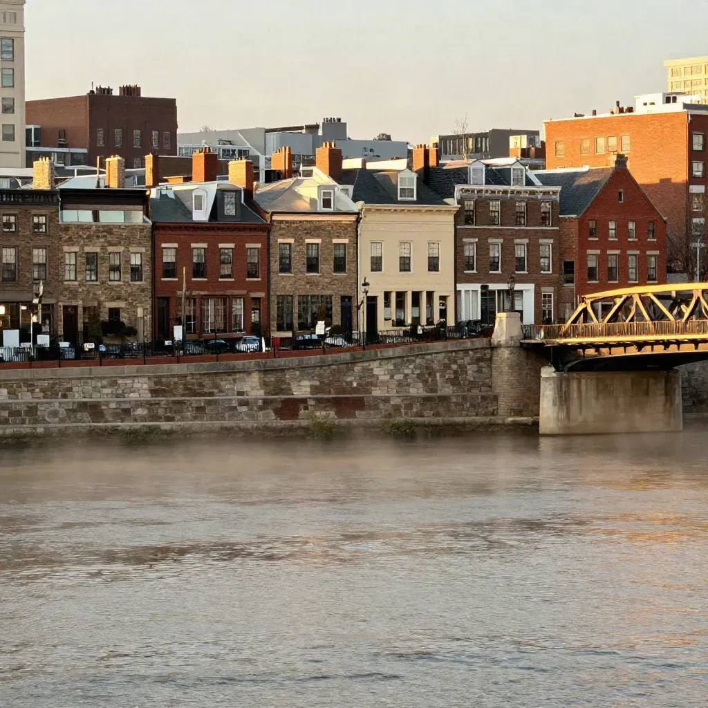 Philadelphia rowhouses and bridge above a hazy riverfront at golden hour