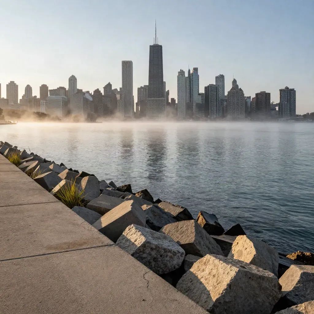 Foggy Chicago lakefront skyline above calm breakers and open Lake Michigan at dusk