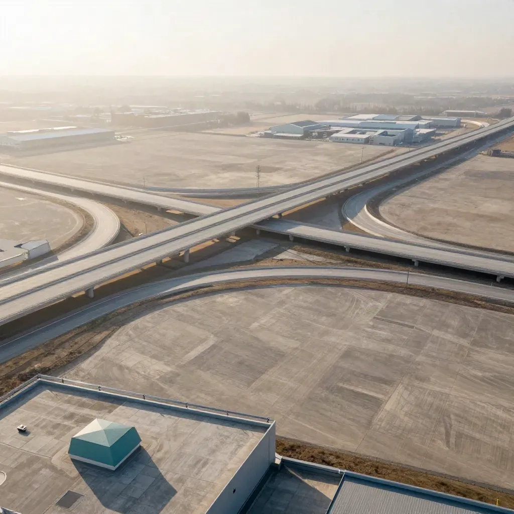 Hazy elevated interstate curves and rooftops with open calm space for copy