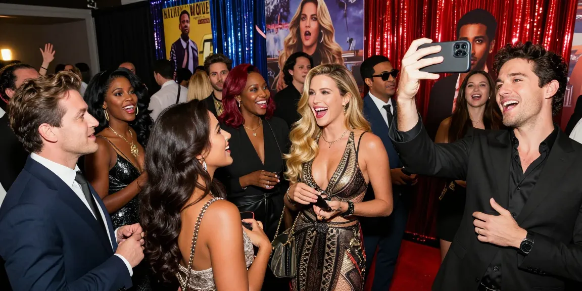 Celebrities look alike gathering with attendees resembling famous stars, capturing a lively atmosphere.