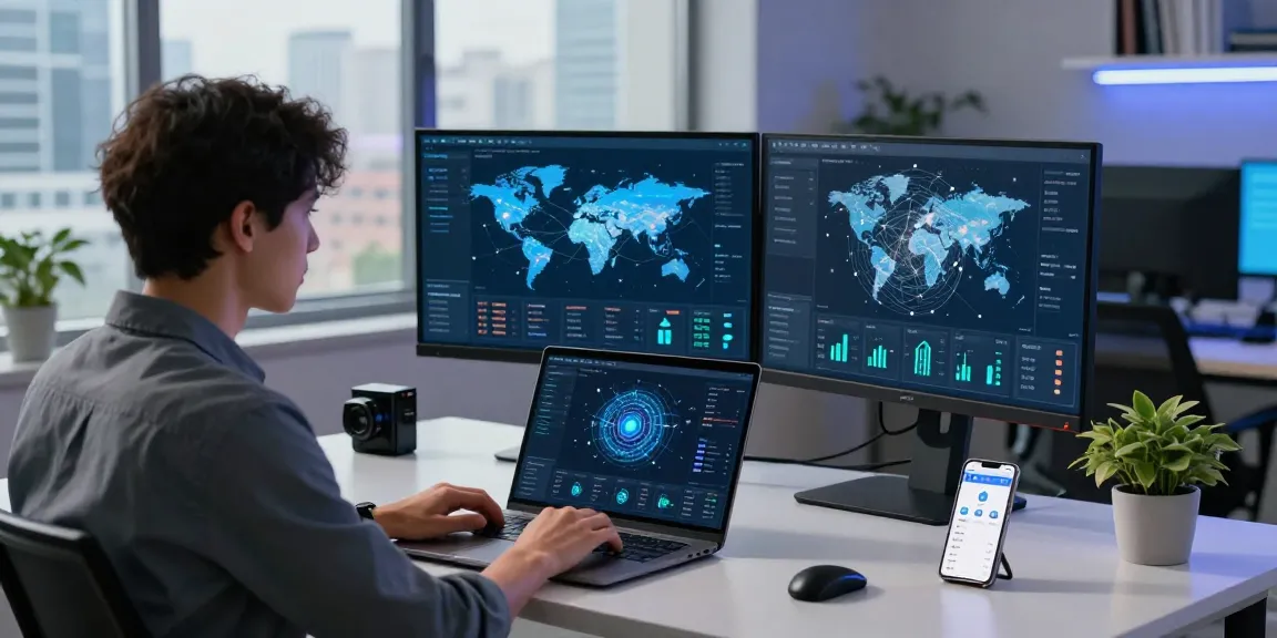 Network engineer optimizing 快连 connectivity in a modern workspace with multiple screens and city view.