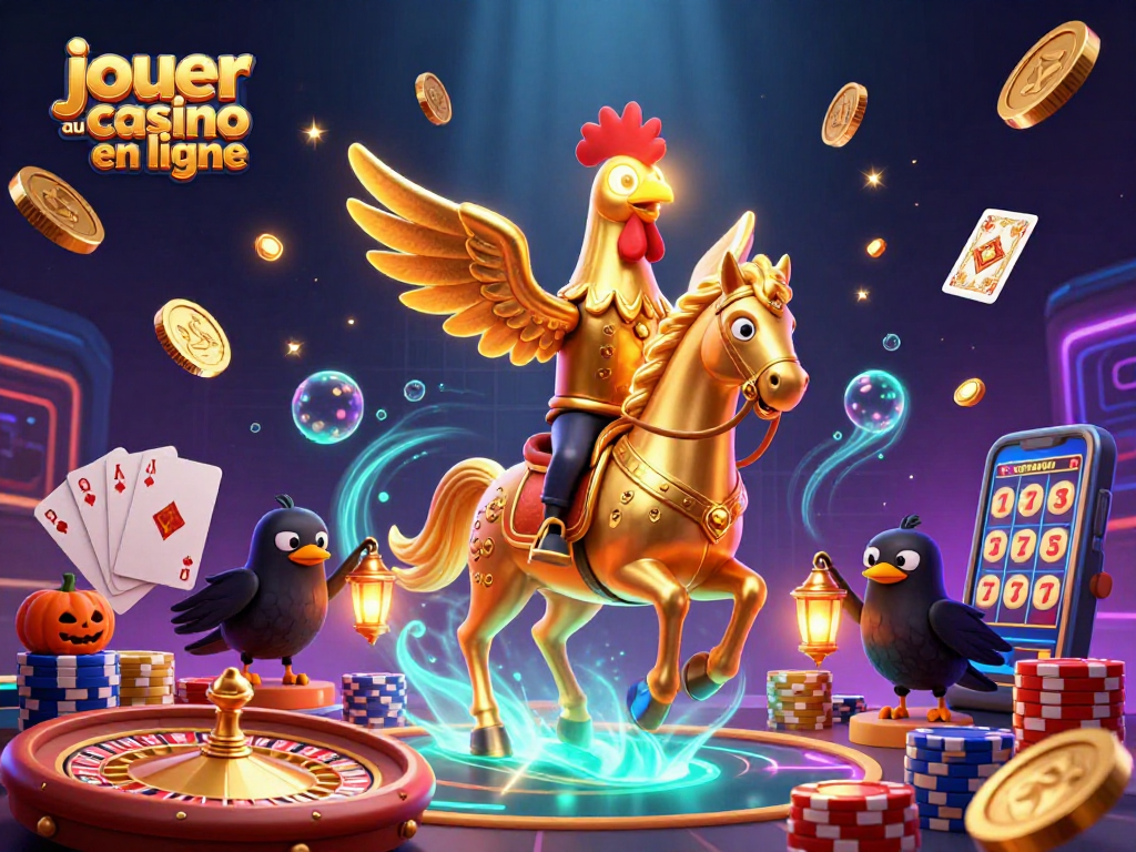 Jouer au casino en ligne avec un coq doré et des éléments de jeu vibrant dans une ambiance fantastique.
